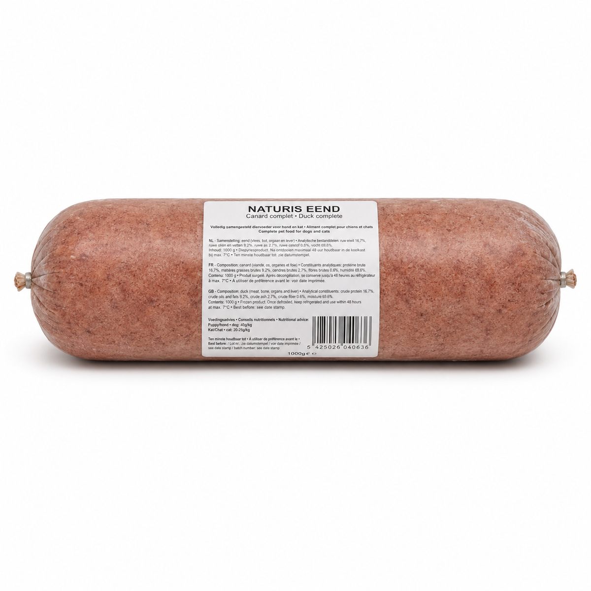 Naturis Eend Compleet 1000 g in worstverpakking.