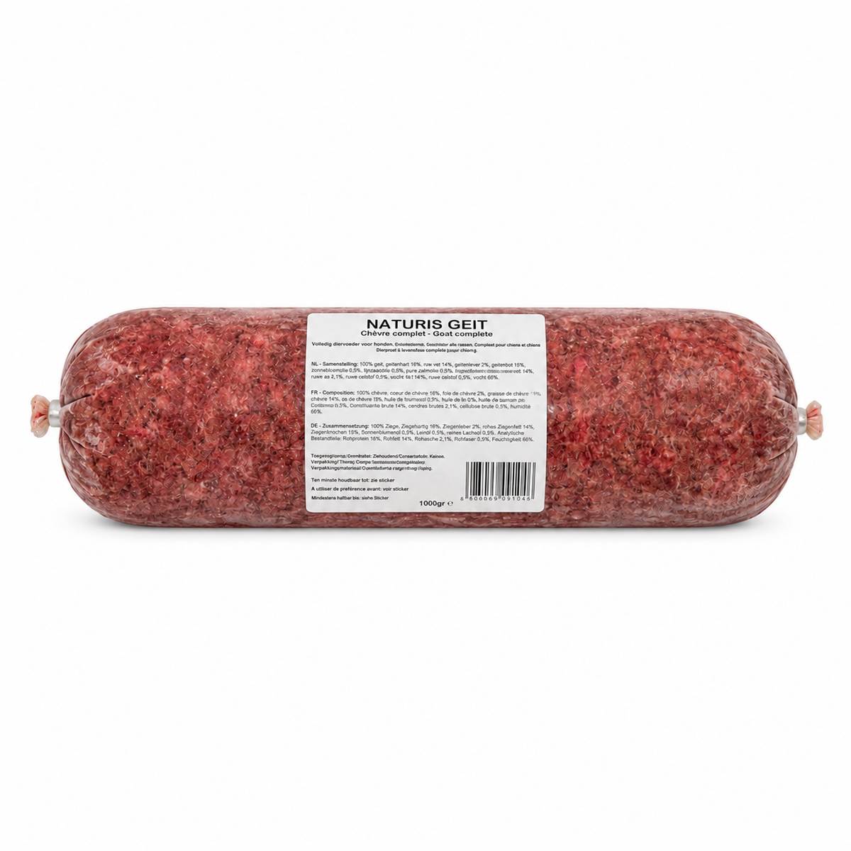 Naturis Geit Compleet 1000 g diepvries vleesvoeding voor honden in rolverpakking.