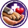 Gezondheid en verzorging voor huisdieren, met hondenpoot, kattenpoot, hart en zorgsymbool.